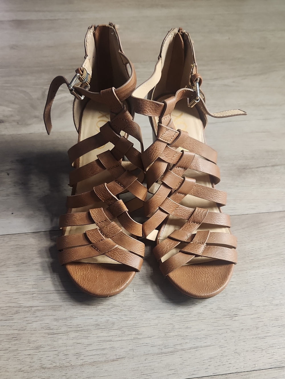 XOXO Women's Brown Strappy Woven Block Heeled Sandals